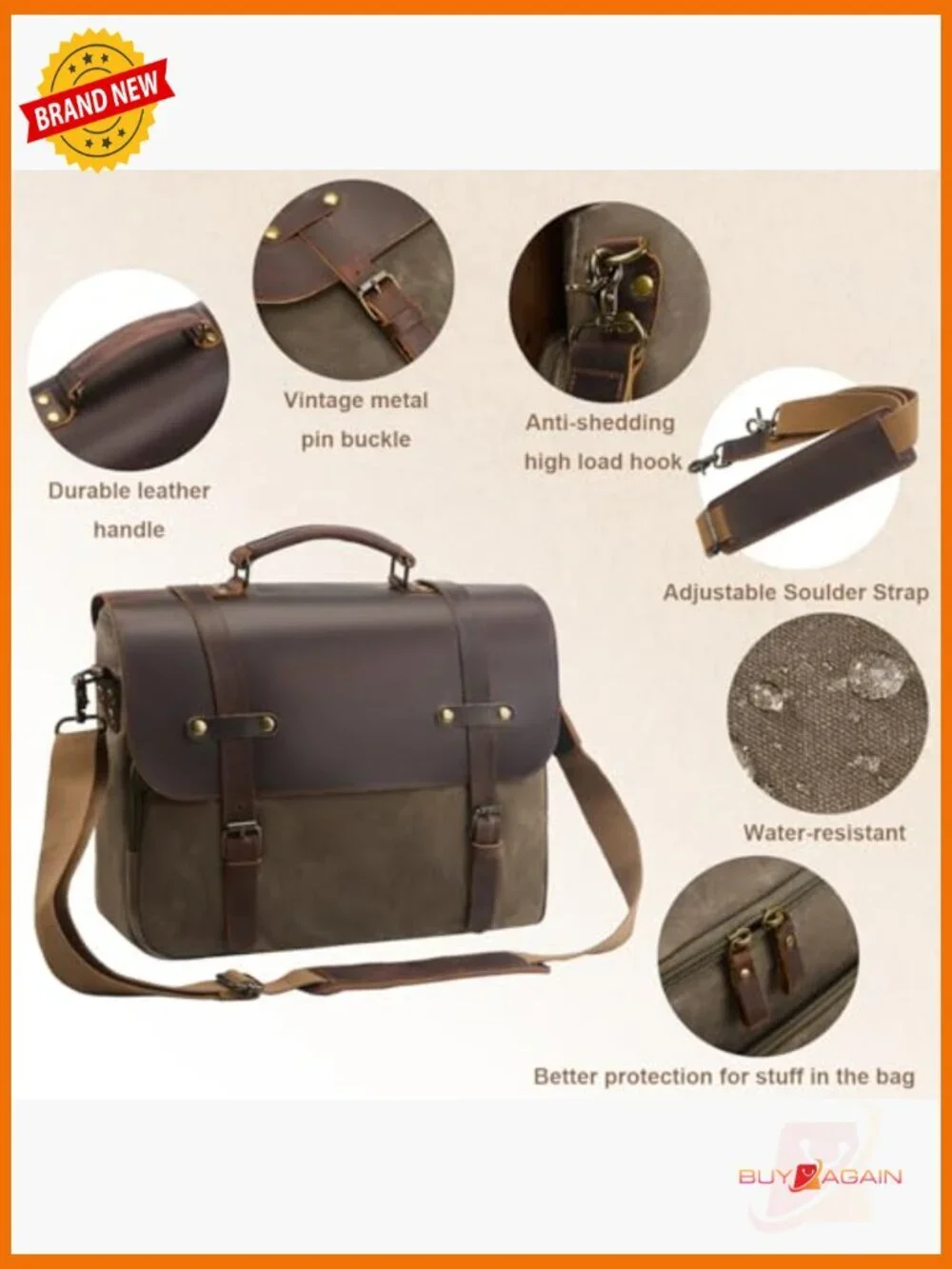 Vintage Waxed Canvas Messenger Bag, Laptop Briefcase 16